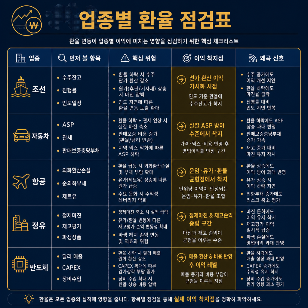본문용 체크리스트 표. 제목 '업종별 환율 점검표'. 행은 조선·자동차·항공·정유·반도체, 열은 '먼저 볼 항목', '핵심 위험', '이익 착지점', '왜곡 신호'. 자동차 행에는 ASP·관세·판매보증충당부채, 항공 행에는 외화환산손실·순외화부채·제트유, 정유 행에는 정제마진·재고평가·파생상품, 반도체 행에는 달러 매출·CAPEX·장비수입, 조선 행에는 수주잔고·진행률·인도일정. 모든 표 텍스트 한글, navy 표 배경과 amber 강조 셀.