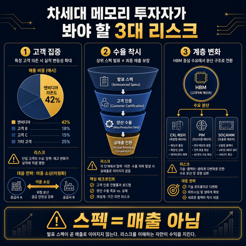 본문용 리스크 대시보드. 제목 "차세대 메모리 투자자가 봐야 할 3대 리스크". 3개 패널 구성. 패널1 고객 집중: 엔비디아 의존도 약 42% 예시와 이중조달 화살표. 패널2 수율 착시: 발표 스펙 → 고객 인증 → 양산 수율 → 실매출 전환의 단계별 퍼널. 패널3 계층 변화: HBM 중심 수요가 CXL·PIM·SOCAMM으로 분산되는 구조도. 하단에 "스펙=매출 아님" 강조 문구. 모든 라벨 한글.