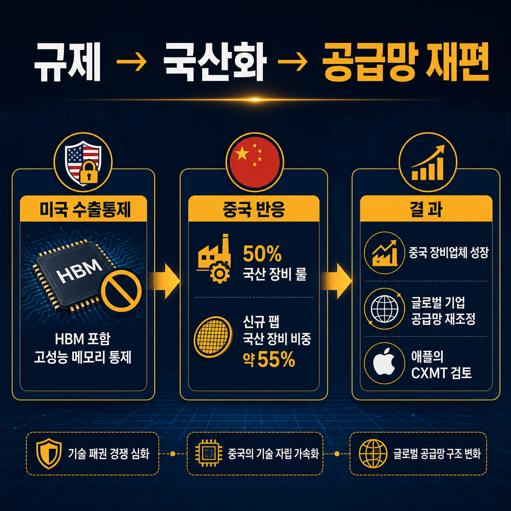 본문 구조도. 제목 규제 → 국산화 → 공급망 재편. 좌측에 미국 수출통제 박스 HBM 포함 고성능 메모리 통제. 중앙에 중국 반응 50% 국산 장비 룰, 신규 팹 국산 장비 비중 약 55%. 우측에 결과 중국 장비업체 성장, 글로벌 기업 공급망 재조정, 애플의 CXMT 검토. 화살표 인과관계 명확히 표시. 모든 텍스트·범례 한글.