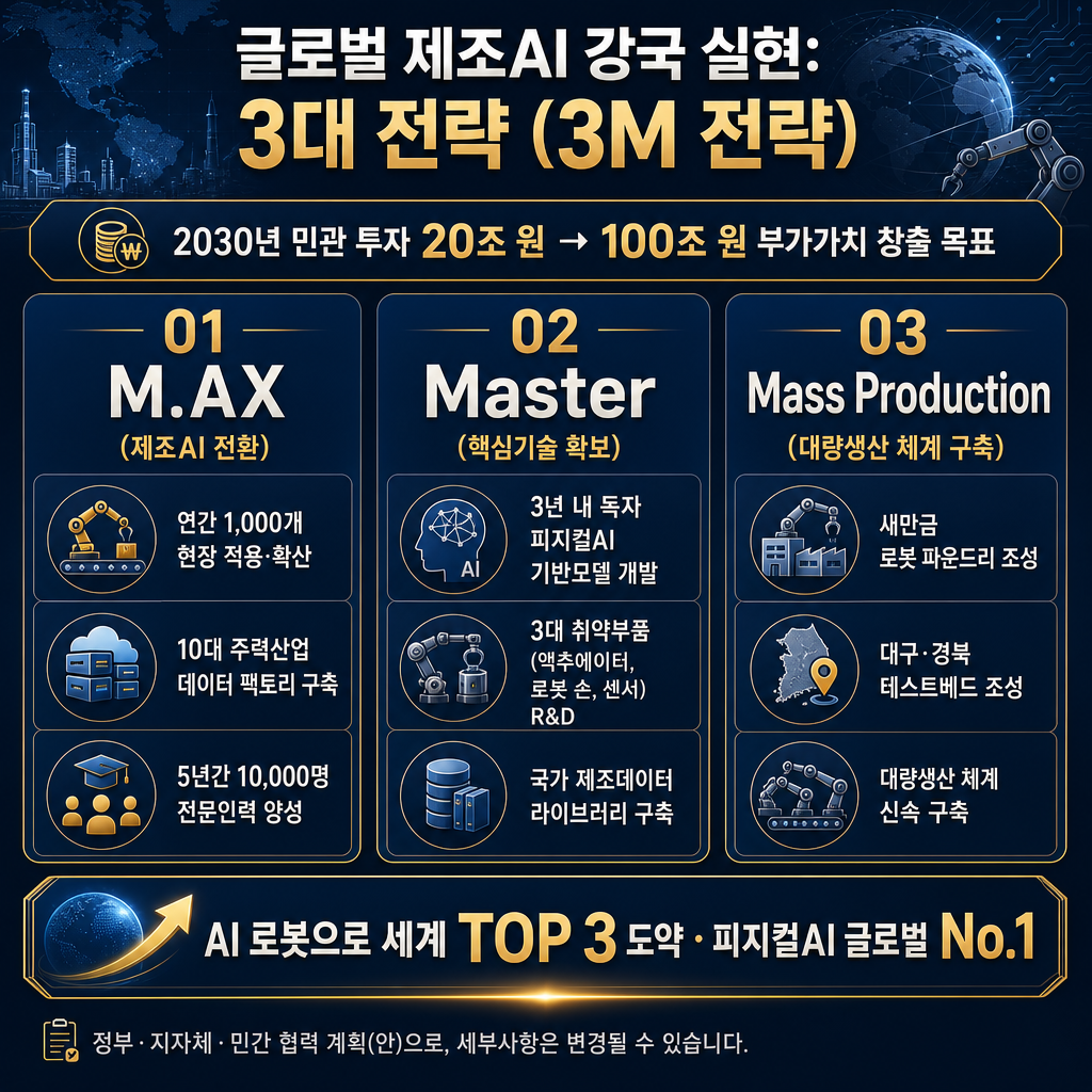 한국 정부 3M 전략 인포그래픽. 세 개의 세로 기둥 M.AX(제조업 AI 전환), Master(핵심기술 확보), Mass Production(양산 체계) 표시. 각 기둥 아래에 연 1000대 현장 보급, 10대 업종 데이터팩토리, 5년 1만명 인력 양성, 새만금 로봇 파운드리, 대경권 테스트필드, 국가 제조 데이터 라이브러리 등 세부 항목 배치. 상단에 2030년 민관 20조원·100조원 부가가치 목표 표시. 모든 텍스트 한글.