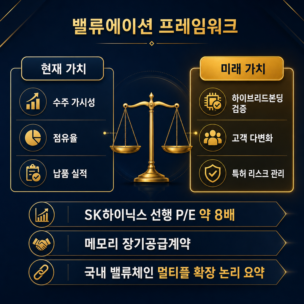 밸류에이션 프레임워크 차트. 좌측에는 '현재 가치' 박스: 수주 가시성, 점유율, 납품 실적. 우측에는 '미래 가치' 박스: 하이브리드본딩 검증, 고객 다변화, 특허 리스크 관리. 중앙에 저울 아이콘으로 두 가치의 균형을 표현. 하단에는 SK하이닉스 선행 P/E 약 8배, 메모리 장기공급계약, 국내 밸류체인 멀티플 확장 논리 요약. 모든 텍스트 한글. 미래 가치 강조는 amber.