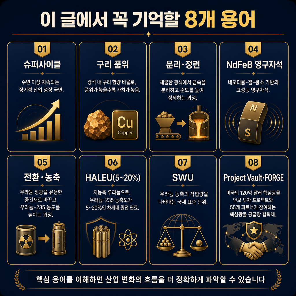 본문용 용어 정리 카드형 인포그래픽. 제목 '이 글에서 꼭 기억할 8개 용어'. 8개 박스에 슈퍼사이클, 구리 품위, 분리·정련, NdFeB 영구자석, 전환·농축, HALEU(5~20%), SWU, Project Vault(120억달러), FORGE(55개 파트너) 중 핵심 8개를 배치. 각 박스에 한 줄 정의와 관련 산업 아이콘 포함. 모든 텍스트 한글.