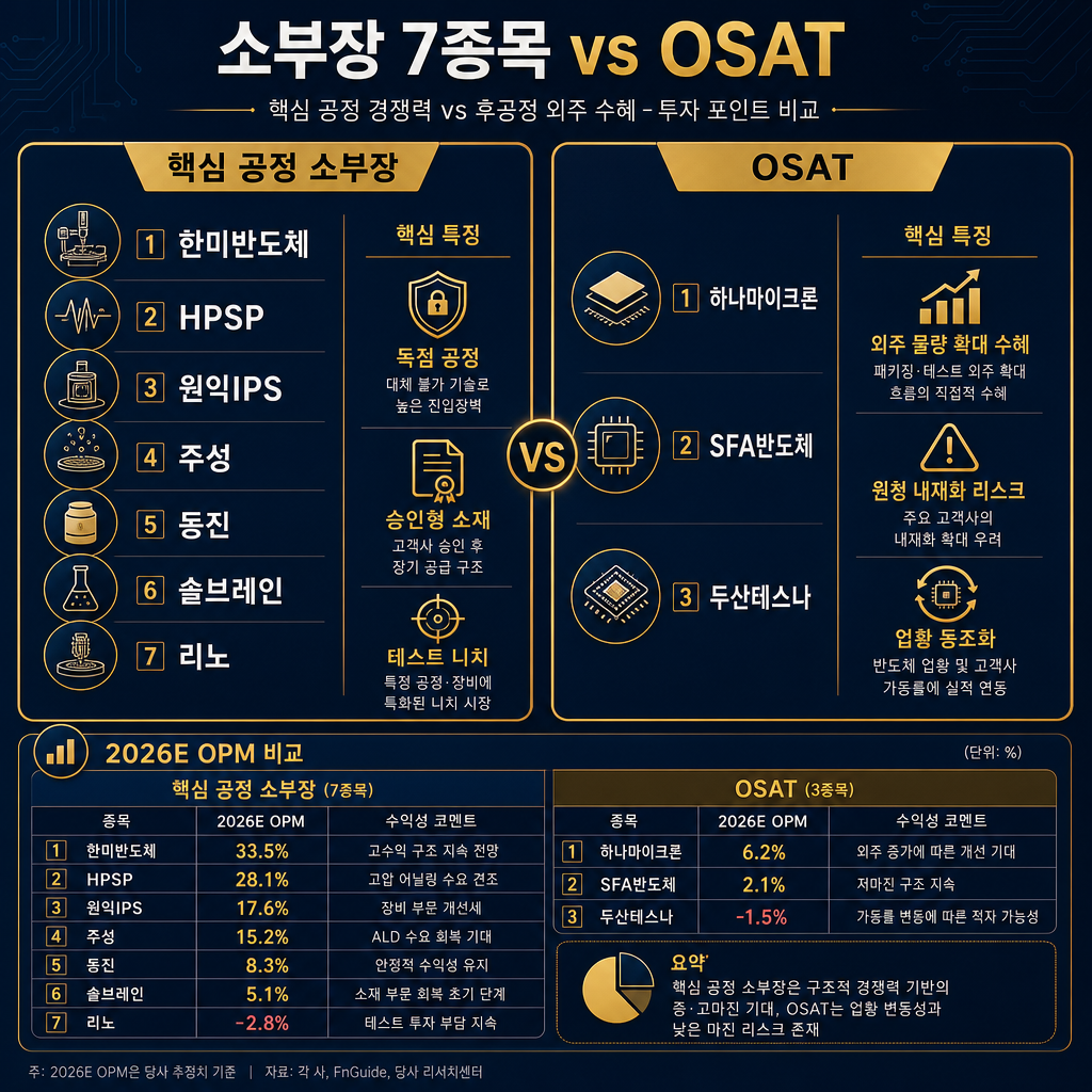 소부장 7종목과 OSAT 비교 표. 좌측에는 ‘핵심 공정 소부장’, 우측에는 ‘OSAT’ 두 영역. 소부장 영역에 한미반도체·HPSP·원익IPS·주성·동진·솔브레인·리노를 넣고 특징을 ‘독점 공정/승인형 소재/테스트 니치’로 표시. OSAT 영역에 하나마이크론·SFA반도체·두산테스나를 넣고 ‘외주 물량 확대 수혜 / 원청 내재화 리스크 / 업황 동조화’ 표시. 하단에 2026E OPM 수치 일부와 적자/저마진 사례를 비교. 모든 텍스트·표·범례 한글.