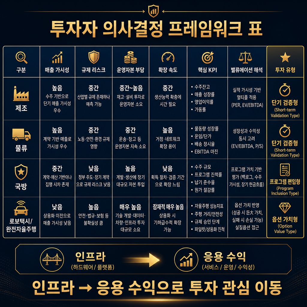 투자자 판단 프레임워크 표. 행은 제조, 물류, 국방, 로보택시/완전자율주행. 열은 매출 가시성, 규제 리스크, 운영자본 부담, 확장 속도, 핵심 KPI, 밸류에이션 해석. 제조·물류는 단기 검증형, 국방은 프로그램 편입형, 로보택시는 옵션 가치형으로 구분. 하단에 ‘인프라→응용 수익으로 투자 관심 이동’ 문구 배치. 모든 라벨 한글.