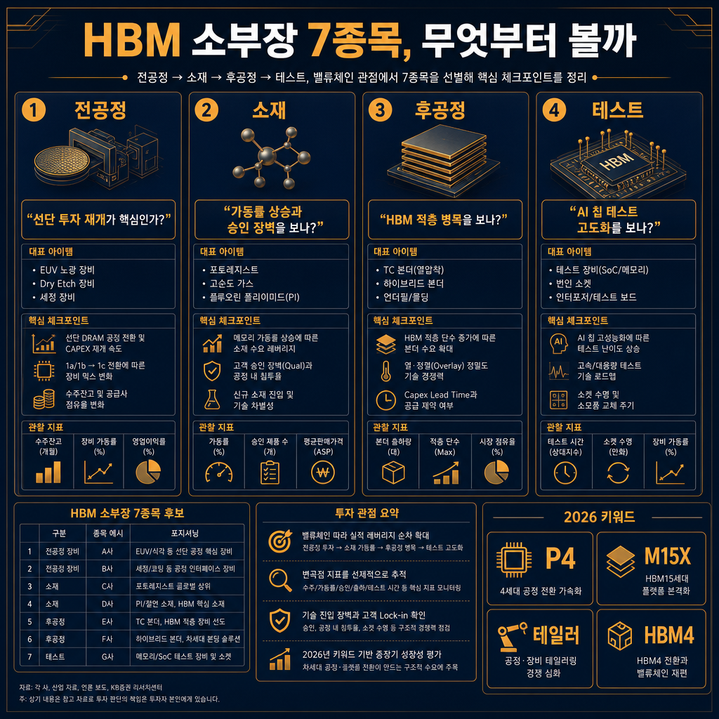 최종 종합 내비게이션 포스터. 중앙에 ‘HBM 소부장 7종목, 무엇부터 볼까’ 제목. 4개 큰 영역에 전공정·소재·후공정·테스트를 배치하고, 각 영역 아래 대표 종목과 체크 질문을 붙임: 전공정 ‘선단 투자 재개가 핵심인가?’, 소재 ‘가동률 상승과 승인 장벽을 보나?’, 후공정 ‘HBM 적층 병목을 보나?’, 테스트 ‘AI 칩 테스트 고도화를 보나?’. 우측 하단에 2026년 키워드(P4, M15X, 테일러, HBM4) 표기. 모든 텍스트·라벨·범례 한글.
