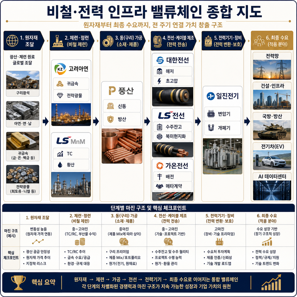 최종 종합 지도 인포그래픽. 처음 매트릭스를 확장한 완성판. 좌측부터 원료 조달, 제련(고려아연·LS MnM), 신동가공(풍산), 전선(대한전선·LS전선·가온전선), 전력기기(일진전기), 우측 최종 수요처(전력망·건설·방산·EV·AI 데이터센터)까지 전체 흐름을 한 장에 연결. 각 종목 옆에는 핵심 키워드 2개씩 표기: 고려아연-귀금속·전략광물, LS MnM-TC·황산, 풍산-신동·방산, 대한전선-해저·초고압, LS전선-수주잔고·북미현지화, 가온전선-배전·메타계약, 일진전기-변압기·개폐기. 하단에는 단계별 마진 구조와 체크포인트 요약 바를 배치. 모든 텍스트·범례 한글, navy+amber 고급 컨설팅 스타일.