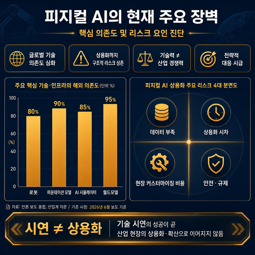피지컬 AI 현실 장벽 대시보드. 좌측 막대그래프로 로봇 80%, 파운데이션 모델 90%, AI 시뮬레이터 85%, 월드모델 95% 해외 의존도 표시. 우측에는 리스크 4분면 데이터 부족, 상용화 시차, 현장 커스터마이징 비용, 안전·규제 배치. 하단에 시연 ≠ 상용화 문구를 강조하는 주석. 모든 텍스트·축 라벨 한글.