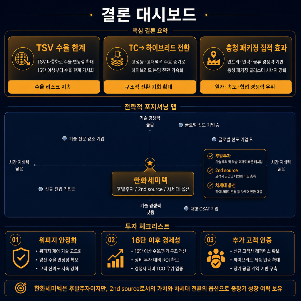 종합 결론 대시보드. 상단 3개 큰 박스 'TSV 수율 한계', 'TC→하이브리드 전환', '충청 패키징 집적 효과'. 중앙에는 한화세미텍의 위치를 표시한 전략 맵 '후발주자/2nd source/차세대 옵션'. 하단에는 투자 체크리스트 3개 '워피지 안정화, 16단 이후 경제성, 추가 고객 인증'. 모든 텍스트 한글. 핵심 결론 박스는 amber, 배경과 선은 navy/slate gray.