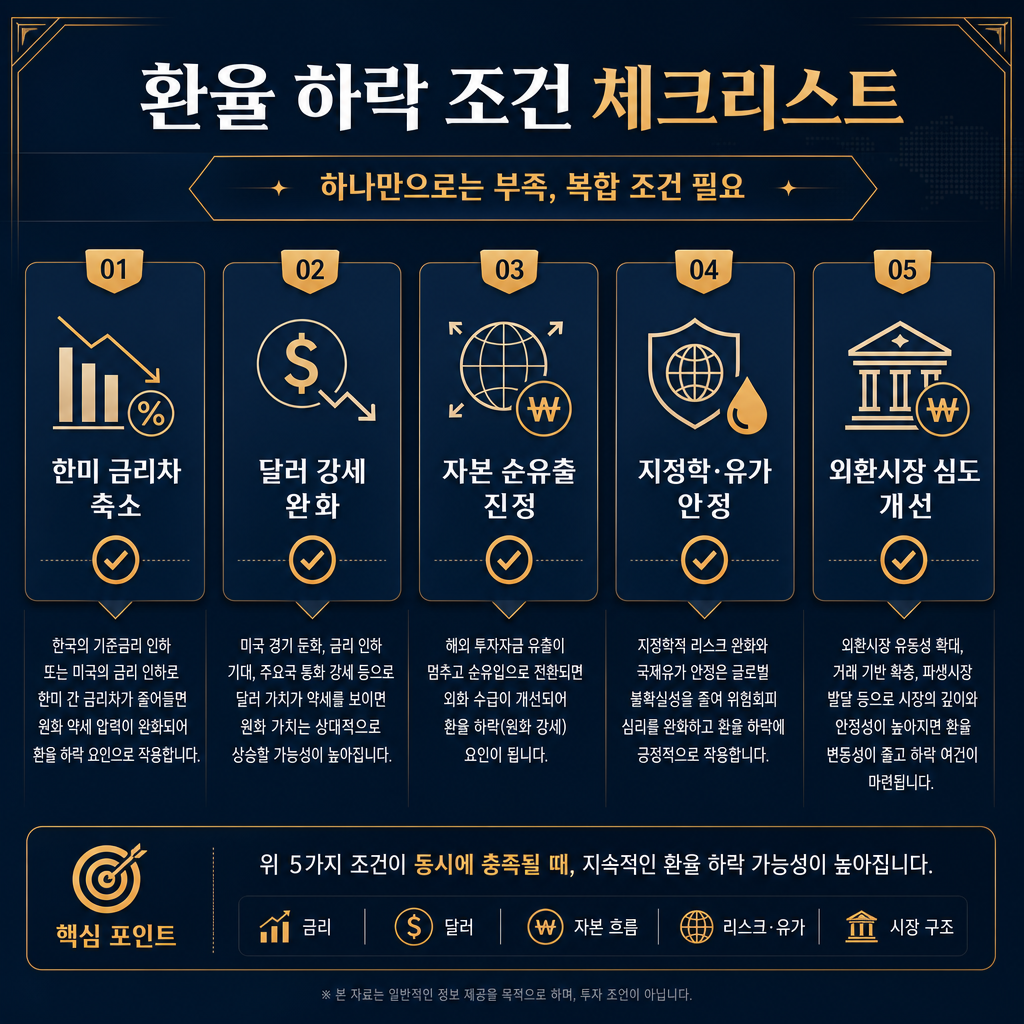 환율 하락 조건 체크리스트 대시보드. 5개 항목을 가로 카드로 배치: 한미 금리차 축소, 달러 강세 완화, 자본 순유출 진정, 지정학·유가 안정, 외환시장 심도 개선. 각 카드 아래에 관련 조건을 짧은 한글 설명으로 표기. 중앙 상단에는 '하나만으로는 부족, 복합 조건 필요' 문구. 모든 텍스트 한글.