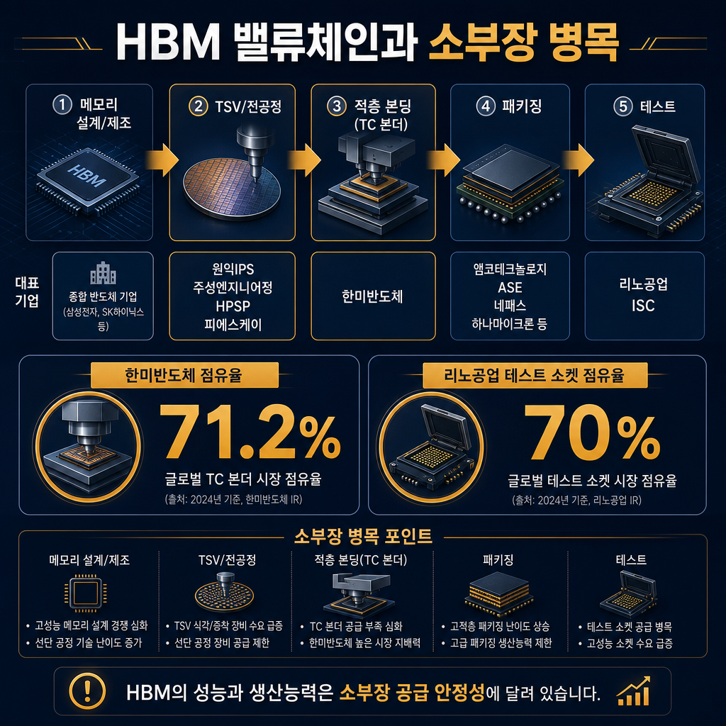 본문 밸류체인 인포그래픽. 제목 HBM 밸류체인과 소부장 병목. 상단 흐름 메모리 설계/제조 → TSV/전공정 → 적층 본딩(TC 본더) → 패키징 → 테스트. 각 단계별 대표 기업 표기: 전공정 원익IPS·주성엔지니어링·HPSP·피에스케이, 본딩 한미반도체, 테스트 리노공업·ISC. 데이터 콜아웃 한미반도체 점유율 71.2%, 리노공업 테스트 소켓 70%. 모든 라벨·범례 한글.