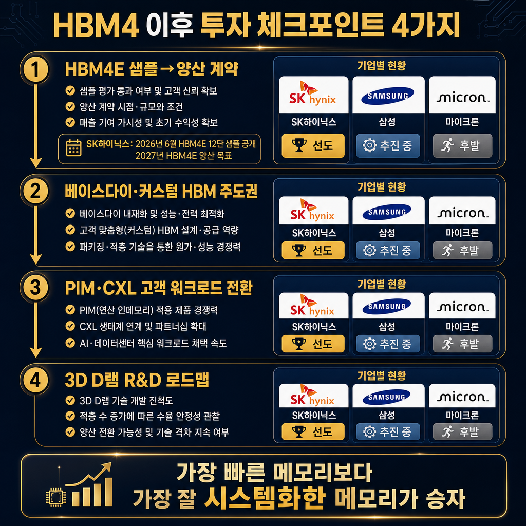 본문용 종합 체크리스트 인포그래픽. 제목 "HBM4 이후 투자 체크포인트 4가지". 4단계 세로 플로우차트: 1) HBM4E 샘플→양산 계약, 2) 베이스다이·커스텀 HBM 주도권, 3) PIM·CXL 고객 워크로드 전환, 4) 3D D램 R&D 로드맵. 각 단계의 하위 항목은 '무엇을 관찰할지'를 나타내는 정성 문구로만 작성(예: 샘플 평가 통과 여부, 양산 계약 시점·규모, 매출 기여 가시성). 우측에는 3사별 체크 상태를 '선도/추진 중/후발' 같은 정성 아이콘으로만 표시(SK하이닉스/삼성/마이크론). ★중요(수치 환각 금지): 어떤 단계에도 '25년 2~3분기' 같은 특정 분기·연도 날짜를 임의로 지어내 넣지 말 것. 날짜를 굳이 표기해야 한다면 확정 사실만 사용 — SK하이닉스 HBM4E 12단 샘플은 2026년 6월, HBM4E 양산 목표는 2027년(그 이전 연도로 앞당겨 표기 금지). 3D D램은 연구개발·시제품 단계이므로 4)번 행에 '2026 양산' '2027' 등 확정 양산 연도를 절대 표기하지 말 것 — '개발 진척/수율 안정성 관찰' 같은 정성 문구로만. 하단 결론 박스 "가장 빠른 메모리보다 가장 잘 시스템화한 메모리가 승자". 모든 텍스트 한글.