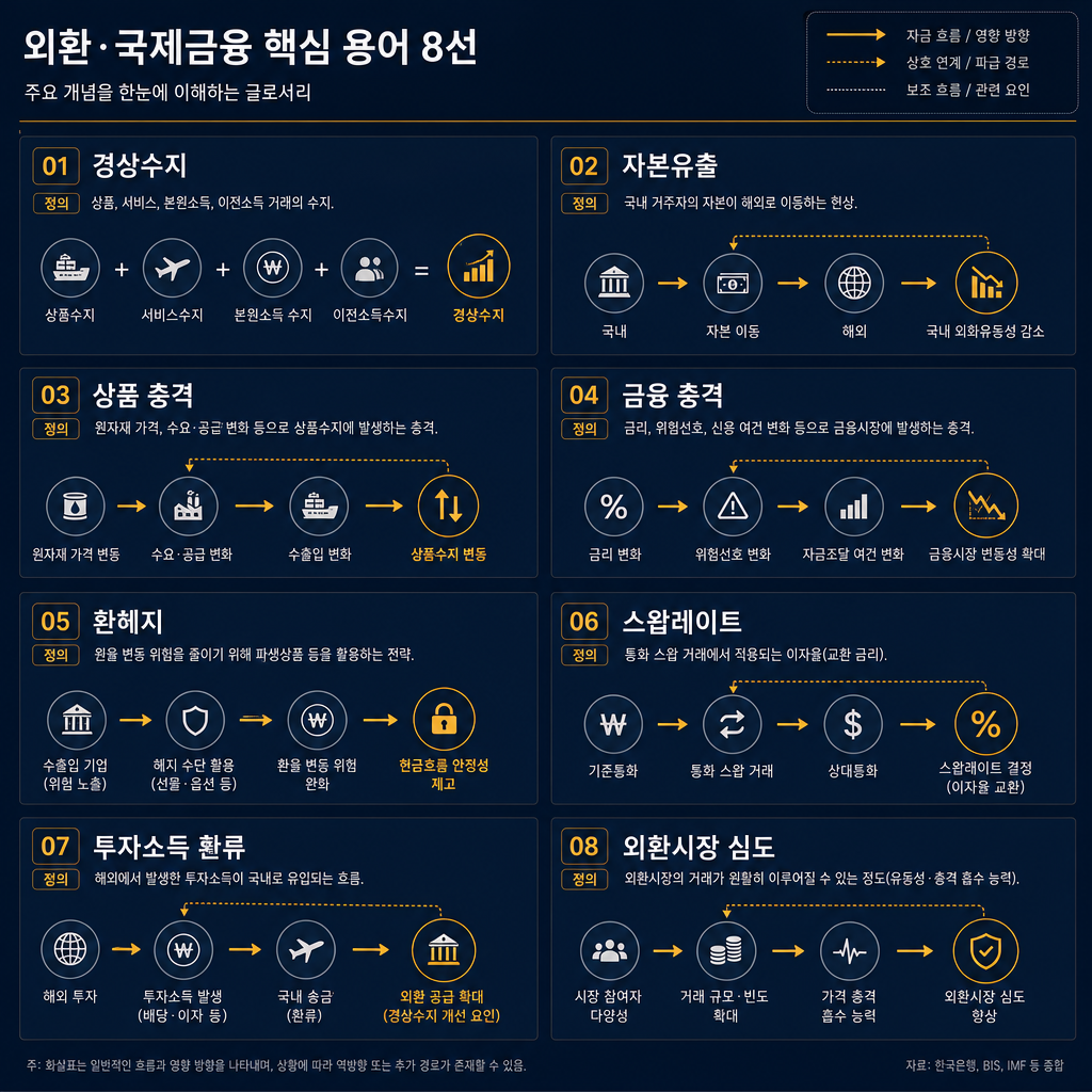 핵심 용어 사전형 인포그래픽. 8개 용어를 2열 카드 형태로 배열: 경상수지, 자본유출, 상품 충격, 금융 충격, 환헤지, 스왑레이트, 투자소득 환류, 외환시장 심도. 각 카드에 한 줄 쉬운 정의와 작은 구조 화살표 배치. 모든 텍스트·아이콘 설명 한글.