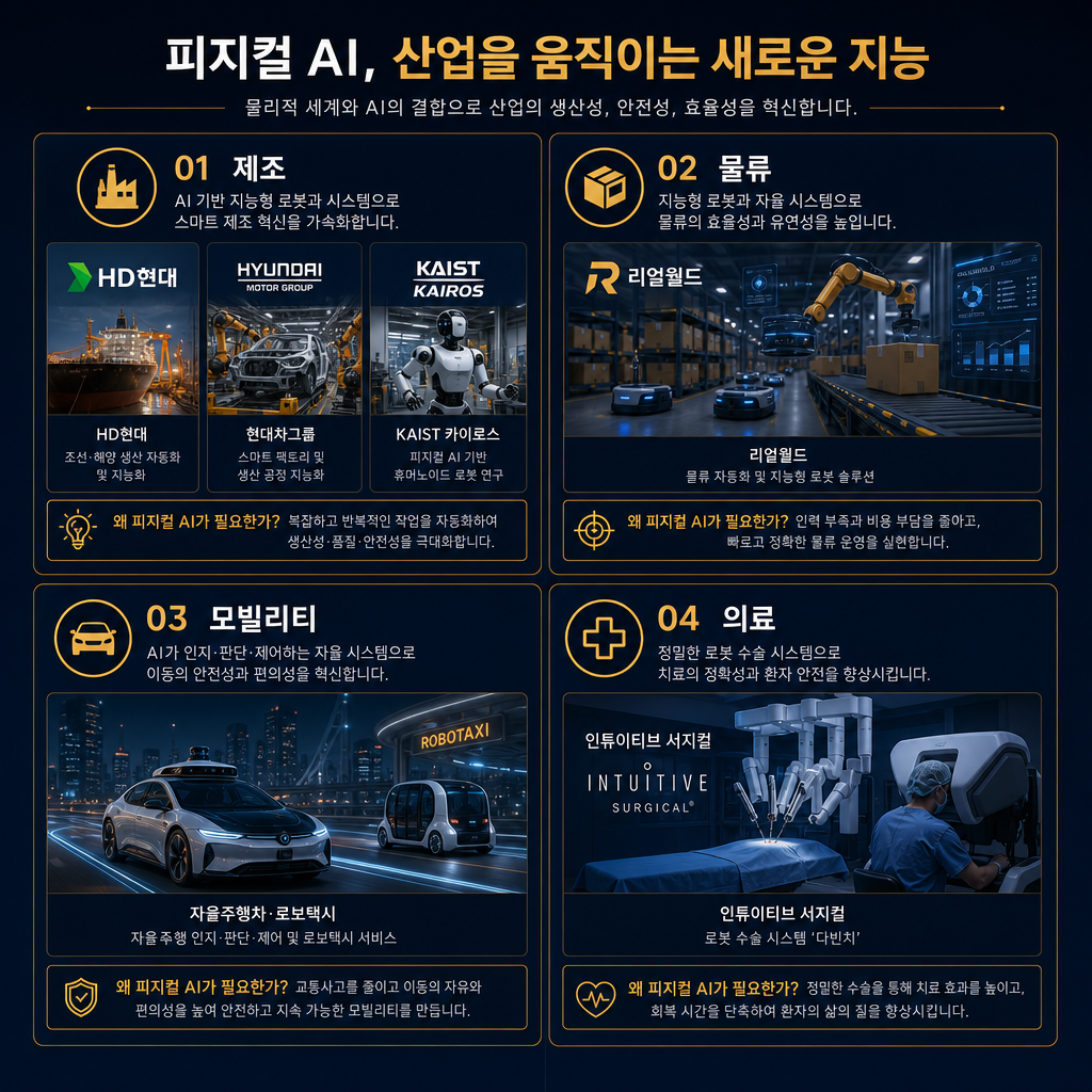 산업 적용 맵. 4개 큰 영역 제조, 물류, 모빌리티, 의료를 사분면으로 나누고 각 영역에 사례 배치: 제조=HD현대, 현대차그룹, KAIST 카이로스 / 물류=리얼월드 / 모빌리티=자율주행차·로보택시 / 의료=인튜이티브 서지컬. 각 영역별로 왜 피지컬 AI가 필요한가를 한 줄씩 설명. 모든 라벨 한글.