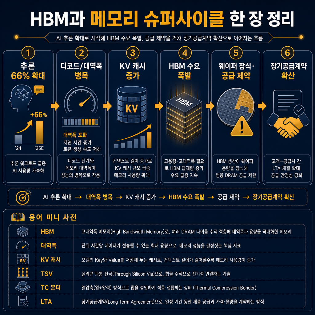 본문 종합 요약 도표. 제목 HBM과 메모리 슈퍼사이클 한 장 정리. 가로 흐름도 추론 66% 확대 → 디코드/대역폭 병목 → KV 캐시 증가 → HBM 수요 폭발 → 웨이퍼 잠식·공급 제약 → 장기공급계약 확산. 하단에 용어 사전 미니 박스 HBM, 대역폭, KV 캐시, TSV, TC 본더, LTA 한줄 정의. 모든 텍스트 한글, navy base와 amber 핵심 강조.