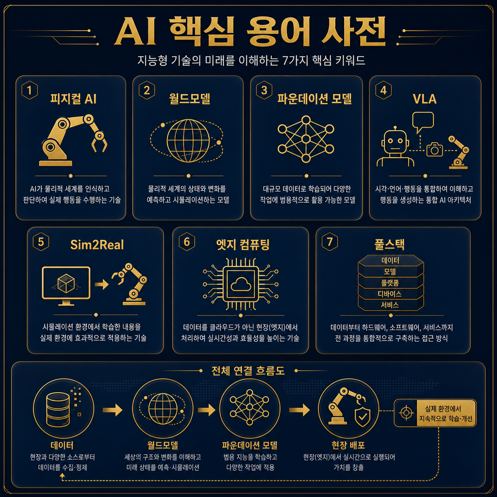 핵심 용어 사전형 인포그래픽. 7개 용어 피지컬 AI, 월드모델, 파운데이션 모델, VLA, Sim2Real, 엣지 컴퓨팅, 풀스택을 카드 형태로 배열하고 각 카드에 1문장 정의와 역할 아이콘 부여. 하단에는 전체 연결 관계 미니맵 데이터→월드모델→파운데이션 모델→현장 배포 표시. 모든 텍스트 한글.