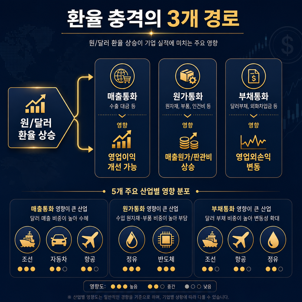 본문용 전문 인포그래픽. 제목 '환율 충격의 3개 경로'. 좌측에서 원/달러 환율 상승 화살표 1개가 세 갈래로 분기되어 '매출통화', '원가통화', '부채통화' 박스로 연결. 각 박스 아래 착지 지점 표시: 매출통화→영업이익 개선 가능, 원가통화→매출원가/판관비 상승, 부채통화→영업외손익 변동. 하단에는 5개 섹터(조선·자동차·항공·정유·반도체)를 각 경로 비중에 따라 작은 아이콘으로 배치. 모든 라벨·범례 한글, navy/slate gray 베이스에 amber 강조.