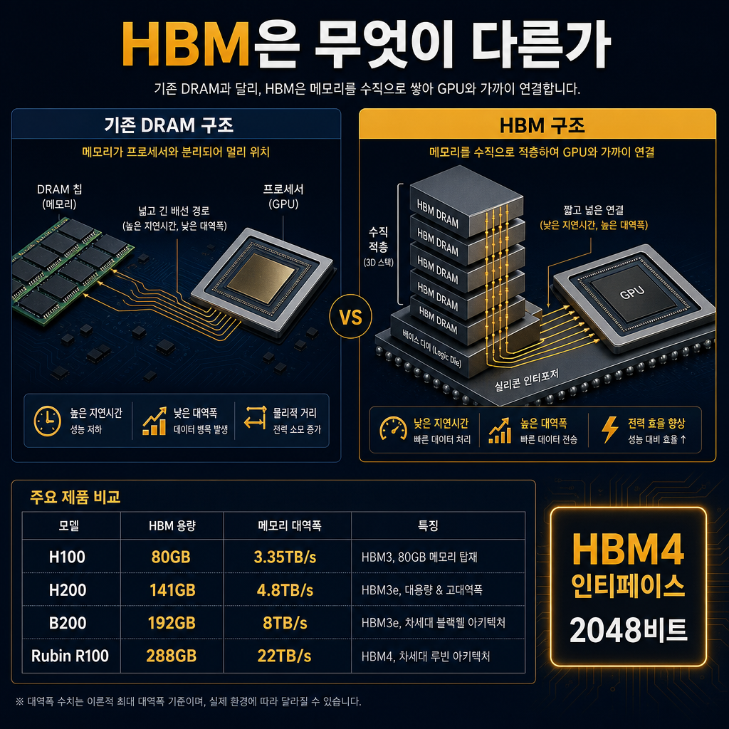 본문 인포그래픽. 제목 HBM은 무엇이 다른가. 좌측에는 일반 D램 구조(프로세서와 떨어진 메모리), 우측에는 HBM 구조(GPU 옆에 적층 메모리). 하단 비교 표에 H100 80GB·3.35TB/s, H200 141GB·4.8TB/s, B200 192GB·8TB/s, Rubin R100 288GB·22TB/s 수치를 한글로 정리. 별도 콜아웃으로 HBM4 인터페이스 2048비트 표시. 모든 축 라벨·범례·주석 한글, navy/slate base와 amber 강조.