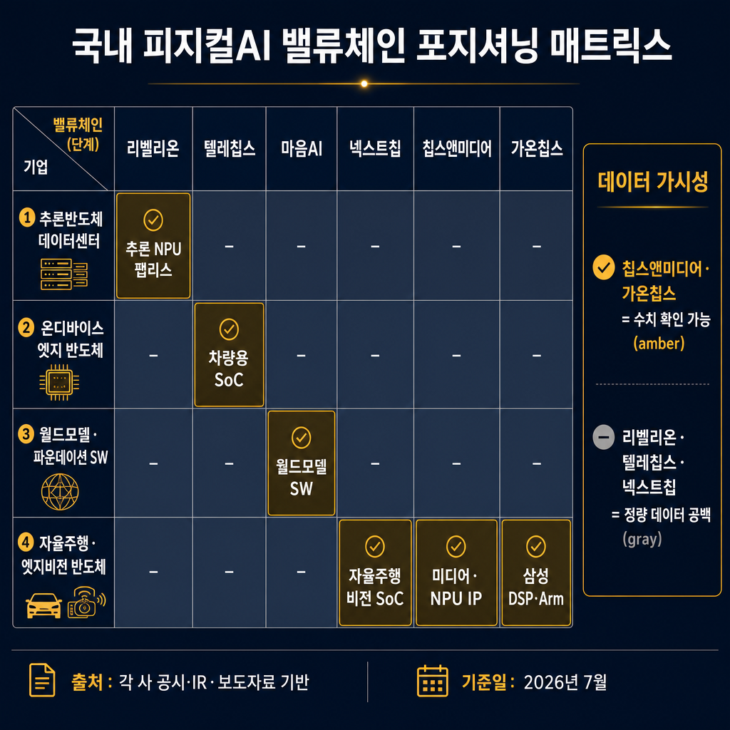 글 상단용 매트릭스형 전체 지도. 행은 4개 밸류체인 단계(추론반도체, 온디바이스 엣지 반도체, 월드모델·파운데이션 SW, 자율주행·로봇 비전 반도체), 열은 기업(리벨리온, 텔레칩스, 마음AI, 넥스트칩, 칩스앤미디어, 가온칩스). 각 셀에 해당 기업의 포지션을 amber 박스로 표시하고 비해당 셀은 slate gray. 오른쪽 여백에는 '수치 확인 가능'과 '정량 데이터 공백'을 구분하는 범례 추가. 모든 텍스트·범례·주석은 한글. 전문 컨설팅 리포트형 인포그래픽, navy+amber 팔레트.