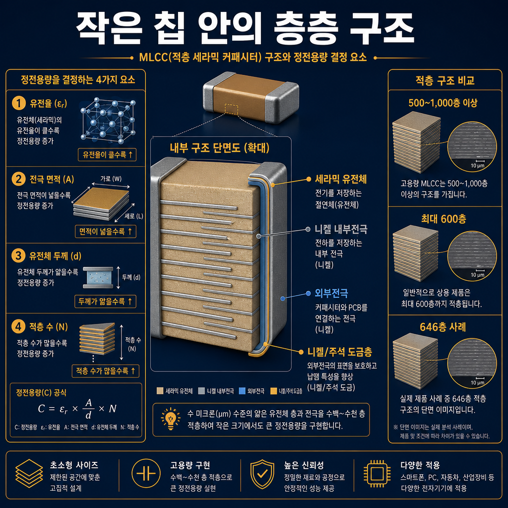 MLCC 구조 분해 인포그래픽. 중앙에 확대 단면도: 세라믹 유전체, 니켈 내부전극, 외부전극, 니켈/주석 도금층을 색상 구분해 표시. 좌측에는 정전용량 결정 요소 4개를 설명하는 도식: 유전율, 전극 면적, 유전체 두께, 적층 수. 우측에는 ‘500~1,000층 이상’과 ‘최대 600층’, ‘646층 사례’를 비교하는 세로 적층 이미지. 제목 ‘작은 칩 안의 층층 구조’, 모든 라벨·범례 한글.