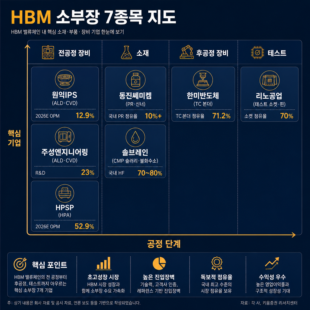 본문 상단 핵심 매트릭스 지도. 가로축은 ‘공정 단계’, 세로축은 ‘핵심 기업’. 4개 열로 전공정 장비·소재·후공정 장비·테스트를 두고, 각 열 안에 원익IPS(ALD·CVD), 주성엔지니어링(ALD·CVD), HPSP(HPA), 동진쎄미켐(PR·신너), 솔브레인(CMP 슬러리·불화수소), 한미반도체(TC 본더), 리노공업(테스트 소켓·핀)을 카드형으로 배치. 각 카드 하단에 핵심 수치 삽입: 원익IPS 2026E OPM 12.9%, 주성 R&D 23%, HPSP 2026E OPM 52.9%, 동진 국내 PR 점유율 10%+, 솔브레인 국내 HF 70~80%, 한미 TC본더 점유율 71.2%, 리노 소켓 점유율 70%. 제목은 ‘HBM 소부장 7종목 지도’. 모든 텍스트·축·범례 한글. 색상은 navy 베이스, amber 강조.