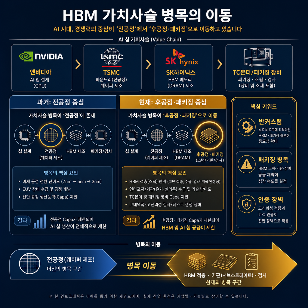 HBM 가치사슬 병목 이동 인포그래픽. 좌측에는 '과거: 전공정 중심', 우측에는 '현재: 후공정·패키징 중심'을 대비하는 2단 구조. 상단에는 AI칩 밸류체인 '엔비디아→TSMC→SK하이닉스→TC본더/패키징 장비' 흐름도, 하단에는 병목 위치가 전공정에서 HBM 적층·기판·테스트로 이동하는 굵은 화살표. 우측 박스에 '반커스텀', '패키징 병목', '인증 장벽' 핵심 문구. 모든 라벨·범례·주석 한글. 색상은 navy 베이스, 병목 강조는 amber.