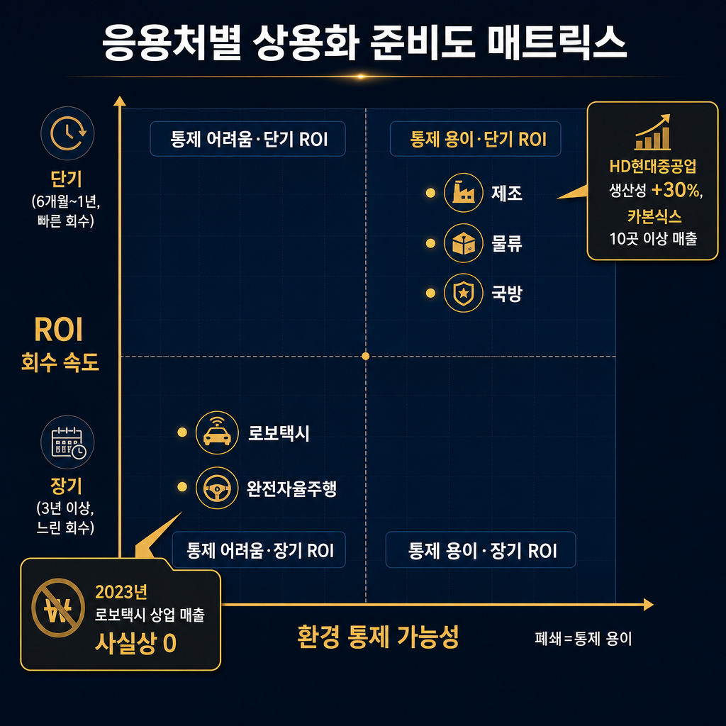 응용처별 상용화 준비도 매트릭스 인포그래픽. X축은 ‘환경 통제 가능성(개방→폐쇄)’, Y축은 ‘ROI 회수 속도(장기→단기)’. 제조, 물류, 국방, 농업, 의료, 로보택시, 완전자율주행을 점으로 배치. 제조·물류·국방은 우상단, 로보택시·완전자율주행은 좌하단. 좌측 하단 별도 박스에 ‘2023년 로보택시 상업 매출 사실상 0’과 우측 상단 박스에 ‘HD현대중공업 생산성 +30%, 카본식스 10곳 이상 매출’ 표기. 모든 라벨·범례 한글, navy 베이스와 amber 강조.