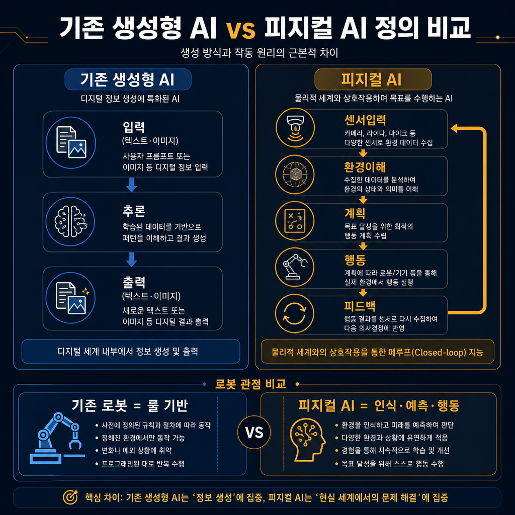 피지컬 AI의 정의 비교 인포그래픽. 좌측은 기존 생성형 AI, 우측은 피지컬 AI 2열 비교. 생성형 AI 열에는 입력(텍스트·이미지)→추론→출력(텍스트·이미지) 흐름, 피지컬 AI 열에는 센서입력→환경이해→계획→행동→피드백의 폐쇄루프 흐름 표시. 하단에는 기존 로봇 = 룰 기반, 피지컬 AI = 인식·예측·행동 비교 박스 배치. 모든 제목·라벨·범례 한글, navy 배경에 amber 강조.