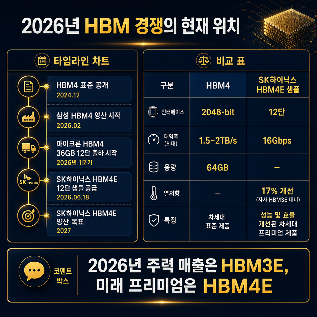 본문용 전문 인포그래픽. 제목 "2026년 HBM 경쟁의 현재 위치". 좌측에는 타임라인 차트로 HBM4 표준 공개(2024.12), 삼성 HBM4 양산 시작(2026.02), 마이크론 HBM4 36GB 12단 출하 시작(2026년 1분기), SK하이닉스 HBM4E 12단 샘플 공급(2026.06.18), SK하이닉스 HBM4E 양산 목표(2027) 순서 표시. 우측에는 비교 표: HBM4=2048-bit, 1.5~2TB/s, 64GB / SK하이닉스 HBM4E 샘플=12단, 16Gbps, 열저항 17% 개선. 하단 코멘트 박스에 "2026년 주력 매출은 HBM3E, 미래 프리미엄은 HBM4E" 문구. navy/slate 기반, 핵심 수치 amber 강조. 모든 라벨·범례 한글.