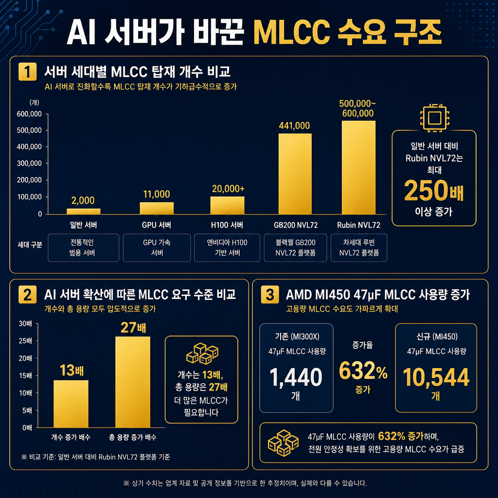 AI 서버 수요 확대를 설명하는 전문 차트 세트. 첫 번째 차트는 서버 세대별 MLCC 탑재량 비교: 일반 서버 2,000개, GPU 서버 11,000개, H100 서버 20,000개+, GB200 NVL72 441,000개, Rubin NVL72 500,000~600,000개. 두 번째 차트는 ‘개수 13배 vs 총 용량 27배’ 비교 막대그래프. 세 번째 작은 보조 차트는 AMD MI450의 47μF MLCC 사용량 1,440→10,544개, 632% 증가를 표시. 제목 ‘AI 서버가 바꾼 MLCC 수요 구조’, 모든 축 라벨·범례 한글. ★데이터 시각화는 막대·숫자카드만 쓰고 추이 라인차트·중간값 ramp를 만들지 마라(제시된 수치 외 창작 금지).
