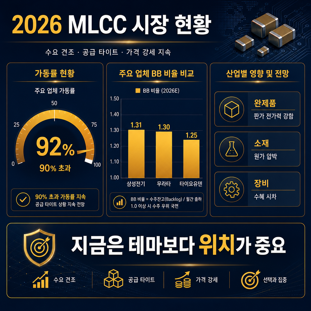 2026년 MLCC 업황 현황을 요약한 대시보드형 차트. 좌측에는 가동률 90% 상회 구간을 표시한 게이지 차트, 중앙에는 BB ratio 비교 막대그래프(삼성전기 1.31, 무라타 1.30, 타이요유덴 1.25), 우측에는 ‘완제품-소재-장비’ 3단 박스와 각각 ‘판가 전가력 강함 / 원가 압박 / 수혜 시차’ 라벨. 하단에는 ‘지금은 테마보다 위치가 중요’라는 한글 문구. 모든 라벨·범례 한글.