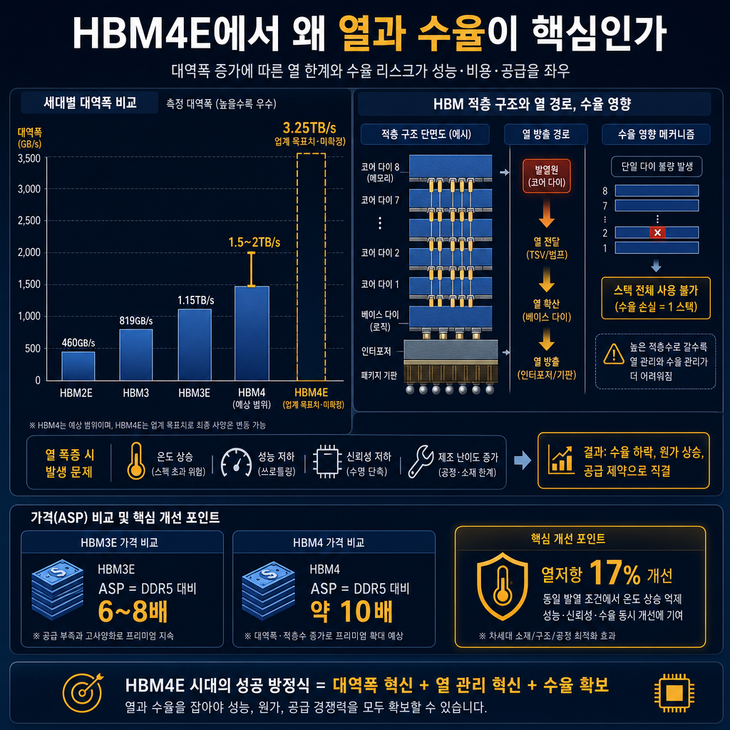 본문용 기술 인포그래픽. 제목 "HBM4E에서 왜 열과 수율이 핵심인가". 좌측 막대그래프: HBM2E 460GB/s, HBM3 819GB/s, HBM3E 1.15TB/s, HBM4 1.5~2TB/s를 실측 막대로 표시(HBM4E는 3.25TB/s '업계 목표치·미확정'으로 점선 막대+라벨 병기, 확정 수치처럼 그리지 말 것). 우측에는 적층 스택 단면도: 코어 다이 여러 장, 베이스다이, 열 배출 경로, 불량 다이 1개가 전체 스택 수율을 훼손하는 메커니즘 도식화. 하단에는 "HBM3E ASP=DDR5 대비 6~8배/ HBM4 ASP=약 10배" 비교 박스와 "열저항 17% 개선" amber 강조. 모든 텍스트 한글.