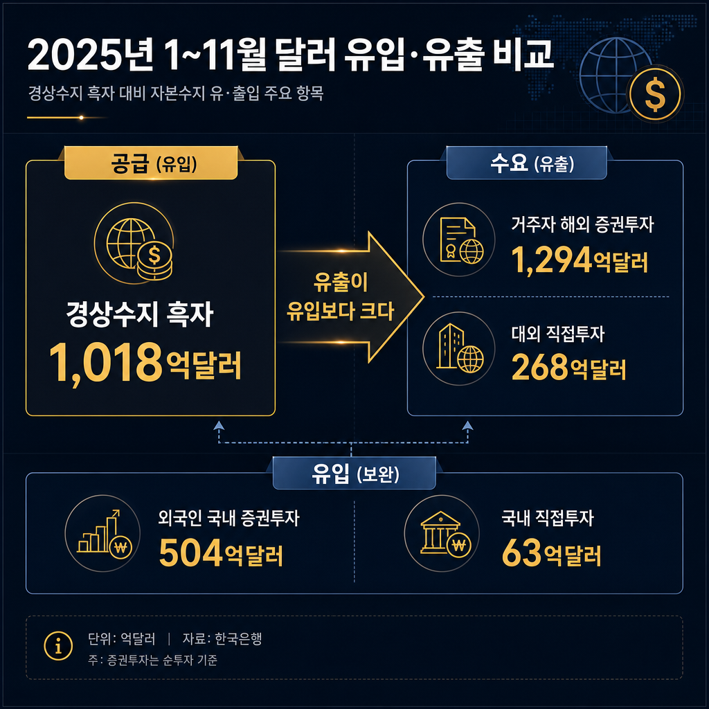 2025년 1~11월 달러 유입 대비 유출 비교 대시보드. 좌측 공급 박스 '경상수지 흑자 1,018억달러', 우측 수요(유출) 박스 '거주자 해외 증권투자 1,294억달러'·'대외 직접투자 268억달러', 아래 보조(유입) 박스 '외국인 국내 증권투자 504억달러'·'국내 직접투자 63억달러'. 중앙에 '유출이 유입보다 크다'는 비교 화살표. ★월별·연도별 시계열(추이) 막대·선 그래프를 절대 넣지 말 것. '순유출입 합계'처럼 계산된 파생 수치도 만들지 말 것 — 위 다섯 숫자 카드와 유출>유입 비교만 표시. ★화면의 모든 한글 단어를 정확한 철자로 렌더링할 것 — 특히 '경상수지'를 정확히(‘국체수지’ 같은 오타 절대 금지). 모든 라벨·숫자 한글.