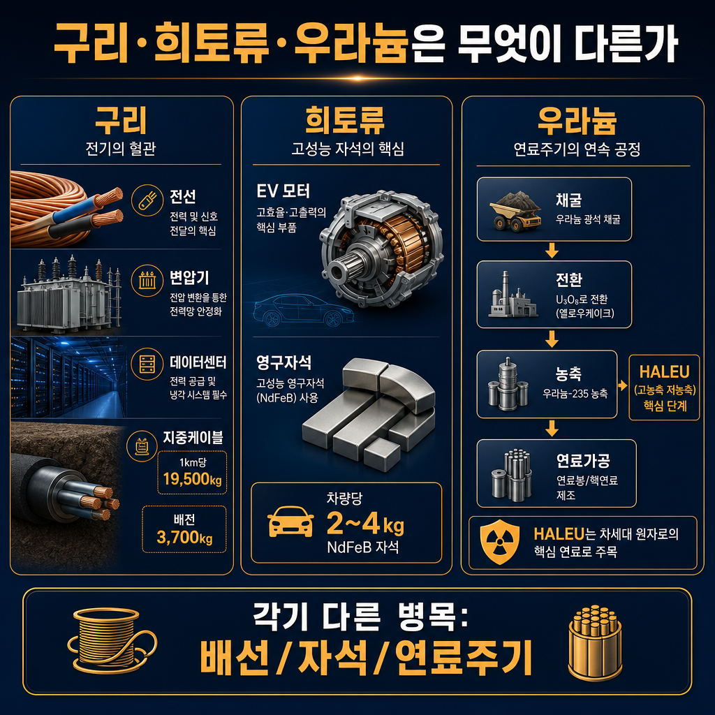 본문용 3분할 구조 인포그래픽. 제목 '구리·희토류·우라늄은 무엇이 다른가'. 좌측 구리 패널: 전선, 변압기, 데이터센터, 지중케이블 1km당 19,500kg/배전 3,700kg 수치 표기. 중앙 희토류 패널: EV 모터와 영구자석, 차량당 2~4kg NdFeB 자석 표기. 우측 우라늄 패널: 채굴→전환→농축→연료가공 흐름도와 HALEU 강조. 하단에 '각기 다른 병목: 배선/자석/연료주기' 요약 박스. 모든 라벨·범례 한글.