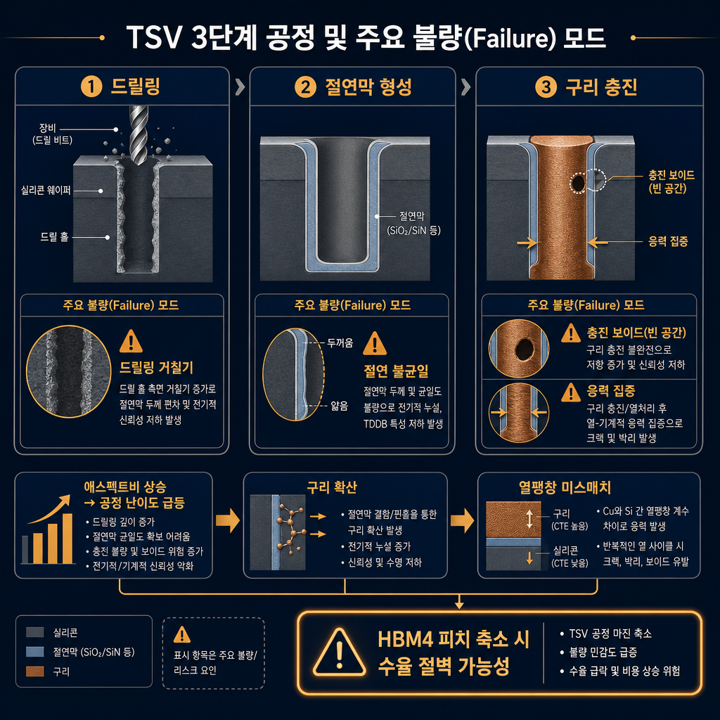 TSV 3단계 공정 기술 다이어그램. 좌측부터 '드릴링', '절연막 형성', '구리 충진' 3개 세로 패널. 각 패널마다 실패 모드 표시: 드릴링 거칠기, 절연 불균일, 충진 보이드(빈 공간)와 응력 집중. 하단에는 '애스펙트비 상승 → 공정 난이도 급등', '구리 확산', '열팽창 미스매치'를 연결 화살표로 표시. 우측 하단에 'HBM4 피치 축소 시 수율 절벽 가능성' 강조 박스. 모든 라벨·주석 한글. navy/slate gray 구조, 위험 요소는 amber.