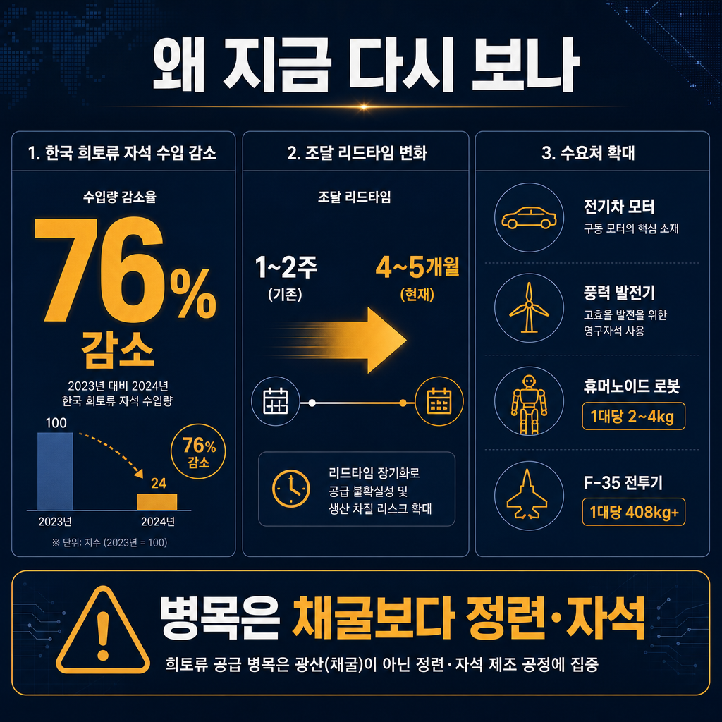 ‘왜 지금 다시 보나’ 섹션 인포그래픽. 좌측에는 한국 희토류 자석 수입량 76% 급락을 큰 숫자로 표시하고, 중간에는 조달 리드타임 변화 ‘1~2주 → 4~5개월’를 화살표 타임라인으로 시각화. 우측에는 수요처 아이콘형 도표: 전기차 모터, 풍력 터빈, 휴머노이드 로봇, F-35 전투기. 로봇 옆에는 ‘1대당 2~4kg’, 전투기 옆에는 ‘1대당 408kg+’ 표기. 하단에는 ‘병목은 채굴보다 정련·자석’이라는 요약 상자. 모든 라벨·범례 한글, 전문 대시보드 스타일, navy 바탕에 amber 강조.