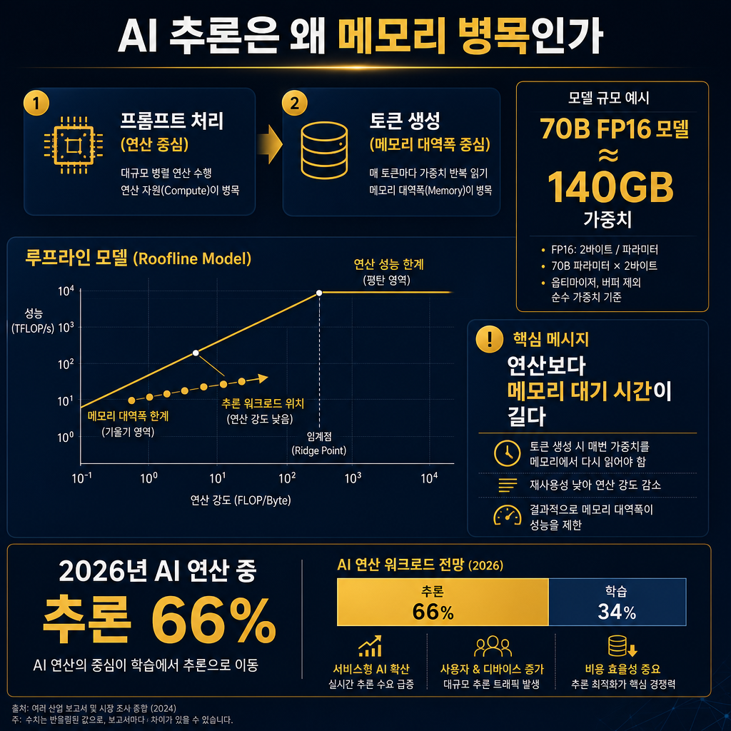 본문 인포그래픽. 제목 AI 추론은 왜 메모리 병목인가. 상단에 2단계 흐름도: 프롬프트 처리(연산 중심) → 토큰 생성(메모리 대역폭 중심). 우측에 수식형 설명 70B FP16 모델 ≈ 140GB 가중치. 중단에는 roofline 개념을 쉬운 한글 주석으로 표현해 연산보다 메모리 대기 시간이 길다 강조. 하단에 2026년 AI 연산 중 추론 66% 큰 숫자 배치. 모든 라벨·범례 한글.
