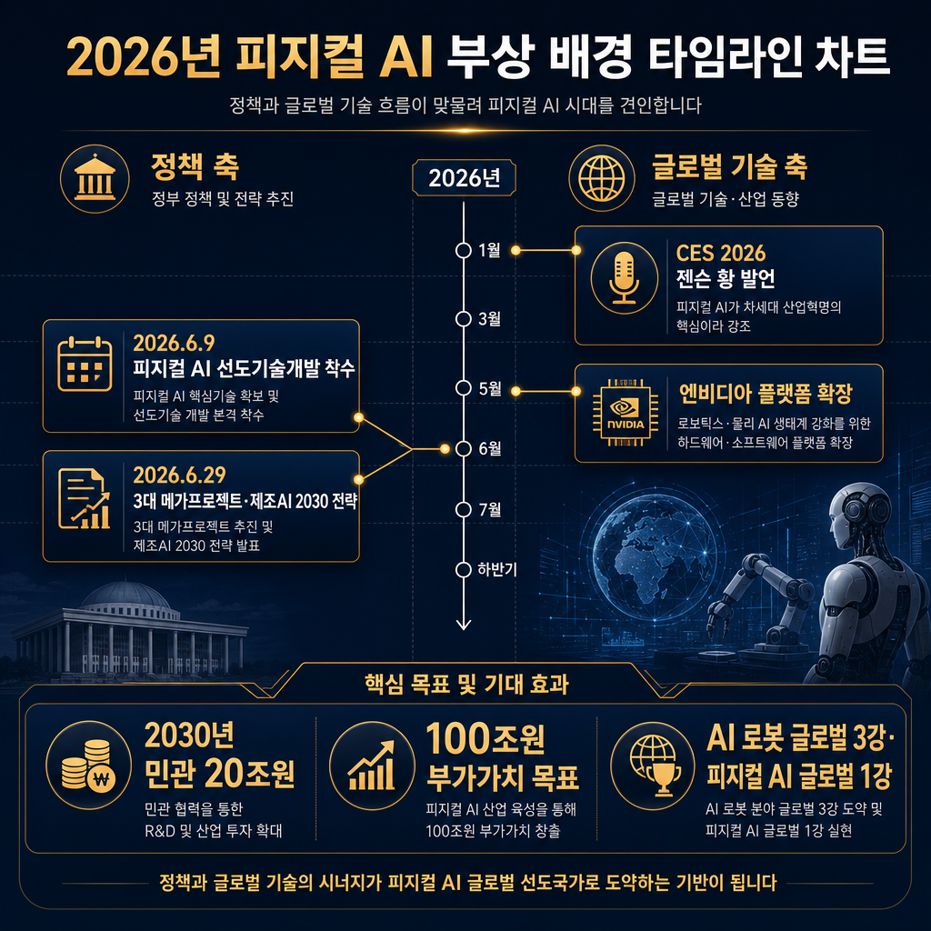 2026년 피지컬 AI 부상 배경 타임라인 차트. 좌측에 정책 축으로 2026.6.9 피지컬 AI 선도기술개발 착수, 2026.6.29 3대 메가프로젝트·제조AI 2030 전략, 우측에 글로벌 기술 축으로 CES 2026 젠슨 황 발언과 엔비디아 플랫폼 확장 표시. 하단에는 2030년 민관 20조원, 100조원 부가가치 목표, AI 로봇 글로벌 3강·피지컬 AI 글로벌 1강 수치를 크게 강조. 모든 라벨 한글.