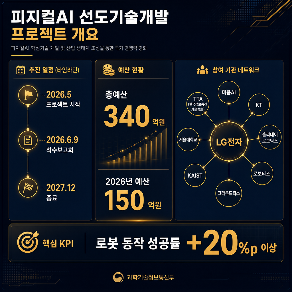 2026년 현재 시점 맥락 정리 인포그래픽. 좌측에는 정부 사업 타임라인(2026.5 시작, 2026.6.9 착수보고회, 2027.12 종료), 중앙에는 총예산 340억원과 2026년 150억원을 큰 숫자로 표시, 우측에는 참여기관 10곳을 네트워크 다이어그램으로 배치하되 마음AI와 KT, LG전자, 로보티즈 등을 노드로 연결. 하단에는 KPI '동작 성공률 +20%p'를 굵은 amber 막대로 표시. 모든 라벨·주석 한글, navy+amber 전문 인포그래픽.