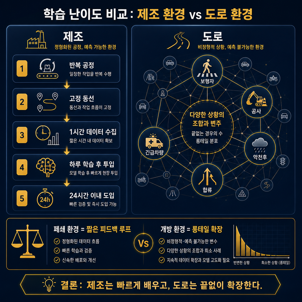 제조 현장과 개방 도로의 학습 난이도 비교 도표. 좌측 패널 ‘제조’에는 반복 공정, 고정 동선, 1시간 데이터 수집, 하루 학습 후 투입, 24시간 이내 도입 문구를 단계형 플로우로 표시. 우측 패널 ‘도로’에는 보행자, 공사, 악천후, 합류, 긴급차량 등 엣지케이스 아이콘이 다층적으로 퍼지는 구조. 하단에 ‘폐쇄 환경=짧은 피드백 루프, 개방 환경=롱테일 확장’ 설명. 모든 라벨·범례 한글.