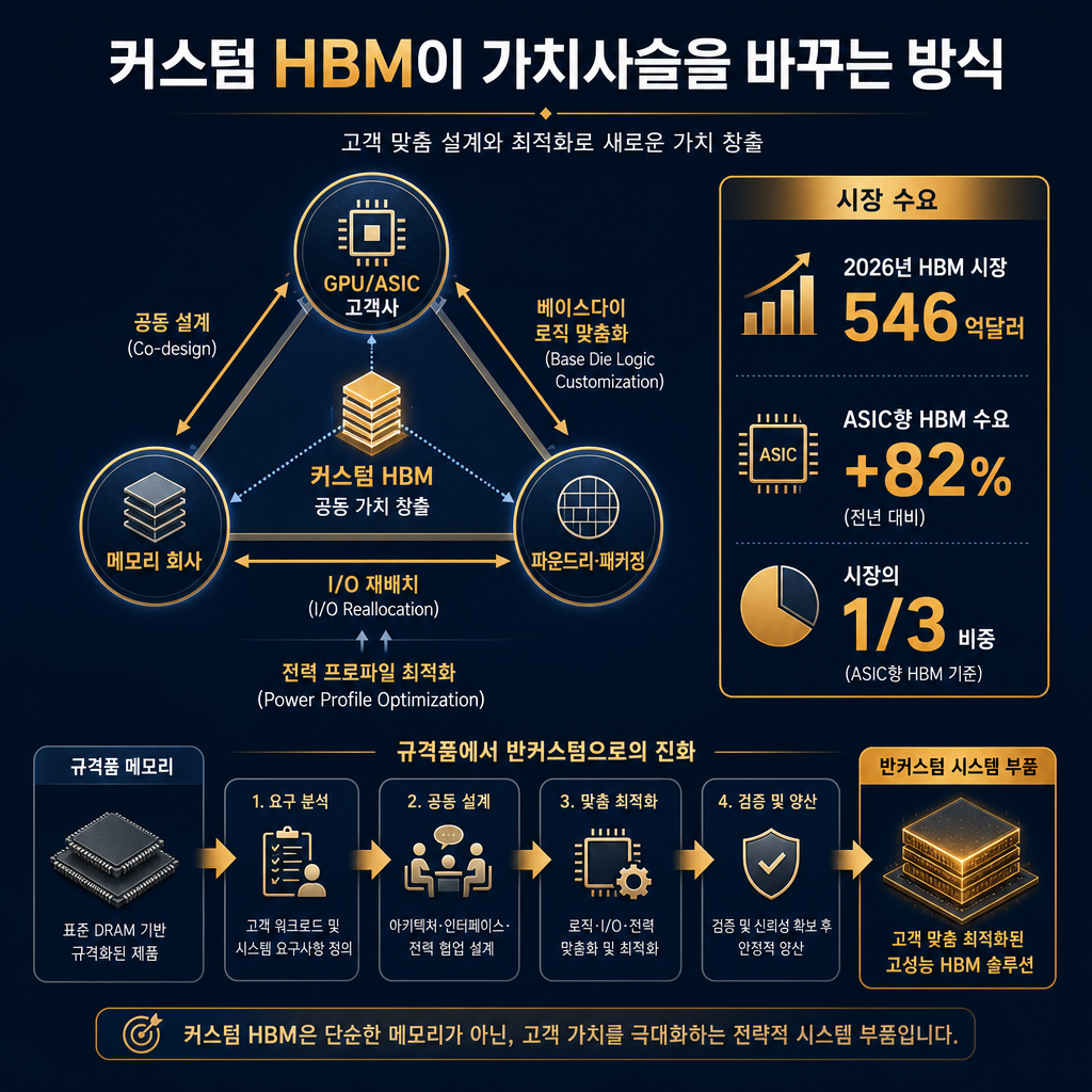본문용 구조 다이어그램. 제목 "커스텀 HBM이 가치사슬을 바꾸는 방식". 중앙에 삼각형 구조로 GPU/ASIC 고객사, 메모리 회사, 파운드리·패키징 배치. 화살표로 공동 설계(Co-design), 베이스다이 로직 맞춤화, I/O 재배치, 전력 프로파일 최적화 흐름 표시. 우측에는 시장 수요 박스: 2026년 HBM 시장 546억달러, ASIC향 HBM 수요 +82%, 시장의 1/3 비중. 하단에는 "규격품 메모리 → 반커스텀 시스템 부품" 전환을 단계별로 표시. navy 기반, 핵심 수치 amber 강조, 모든 라벨 한글.