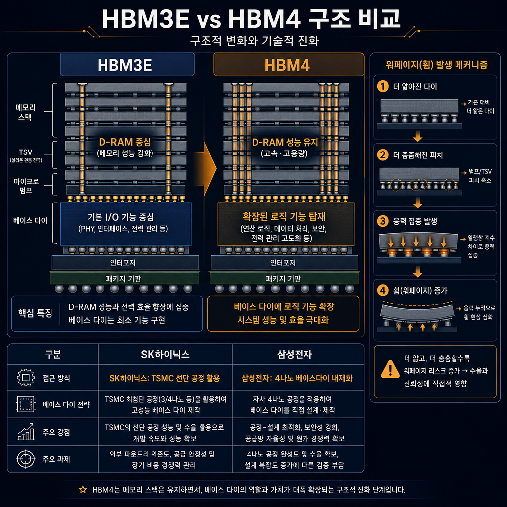 HBM4 구조 변화 비교 차트. 좌측 'HBM3E'와 우측 'HBM4' 단면도를 나란히 배치. HBM3E는 D램 중심, HBM4는 로직 기능 확대된 베이스다이 강조. 하단에는 'SK하이닉스: TSMC 선단 공정 활용', '삼성전자: 4나노 베이스다이 내재화' 비교 표. 우측에는 워피지 발생 메커니즘 도식: 얇아진 다이, 촘촘해진 피치, 응력 집중, 휨 증가. 모든 텍스트 한글. 비교 강조는 amber, 구조선은 navy.