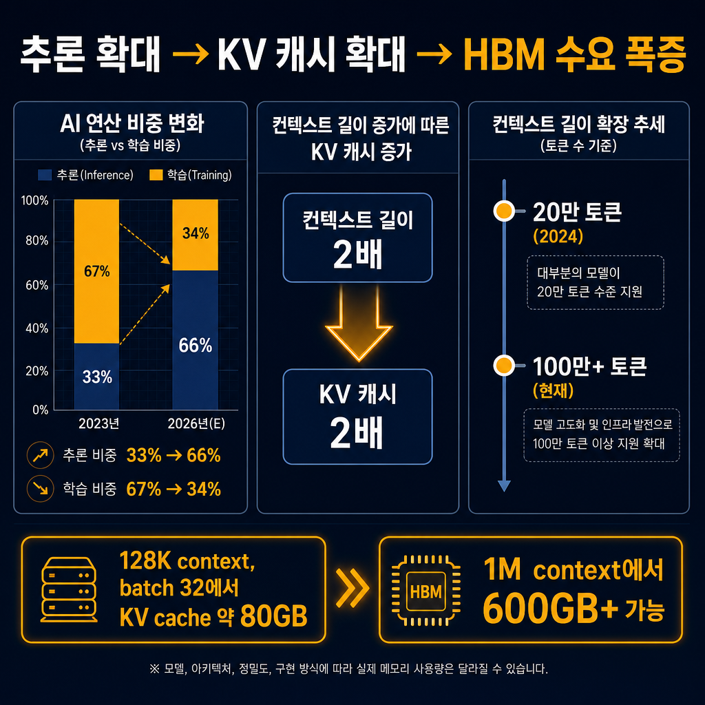 본문 인포그래픽. 제목 추론 확대 → KV 캐시 확대 → HBM 수요 폭증. 좌측에는 2023~2026 AI 연산 비중 변화 막대그래프(추론 33% → 66%, 학습 반대 방향). 중앙에는 컨텍스트 길이 2배 → KV 캐시 2배 도식. 우측에는 20만 토큰(2024) → 100만+ 토큰(현재) 타임라인. 하단 콜아웃에 128K context, batch 32에서 KV cache 약 80GB와 1M context에서 600GB+ 가능 표기. 모든 라벨 한글.