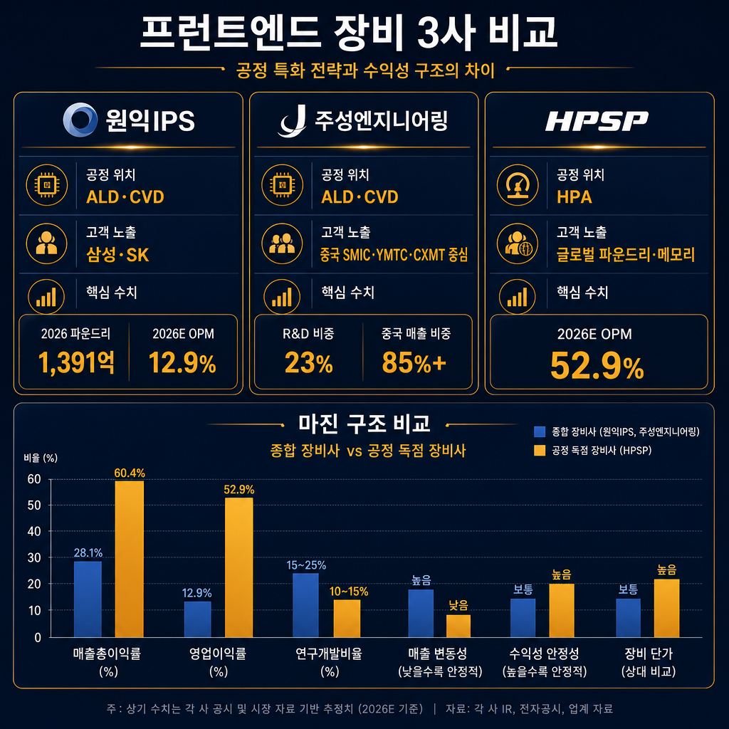 전공정 장비 3종 비교 대시보드. 3열 카드 구조로 원익IPS·주성엔지니어링·HPSP 배치. 각 카드에 공정 위치(ALD·CVD, ALD·CVD, HPA), 고객 노출(삼성·SK / 중국 SMIC·YMTC·CXMT 중심 / 글로벌 파운드리·메모리), 핵심 수치(원익 2026 파운드리 1,391억·2026E OPM 12.9%, 주성 R&D 23%·중국 매출 85%+, HPSP 2026E OPM 52.9%)를 표기. 하단에는 ‘종합 장비사 vs 공정 독점 장비사’ 마진 구조 비교 막대그래프 추가. 모든 텍스트·축·범례 한글.