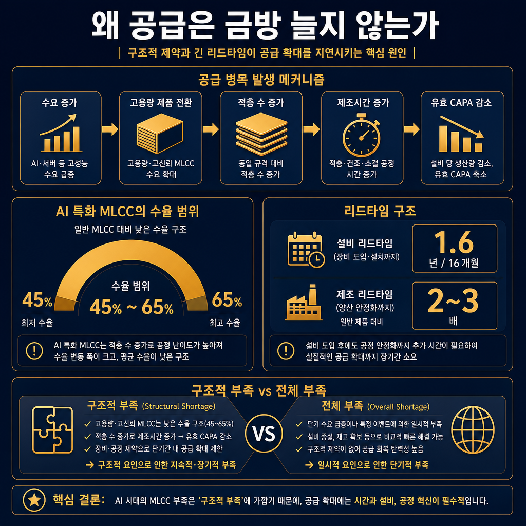 공급 병목 메커니즘을 설명하는 전문 인포그래픽. 상단에는 ‘수요 증가 → 고용량 제품 전환 → 적층 수 증가 → 제조시간 증가 → 유효 CAPA 감소’ 흐름도. 왼쪽 보조 차트는 AI 특화 MLCC 수율 45~65% 범위를 게이지로 표시. 오른쪽 보조 차트는 장비 리드타임 1.6년/16개월과 일반 대비 제조 리드타임 2~3배를 타임라인으로 표현. 하단에는 ‘구조적 부족 vs 전체 부족’ 비교 박스. 제목 ‘왜 공급은 금방 늘지 않는가’, 모든 라벨·범례 한글. ★데이터 시각화는 막대·숫자카드만 쓰고 추이 라인차트·중간값 ramp를 만들지 마라(제시된 수치 외 창작 금지).