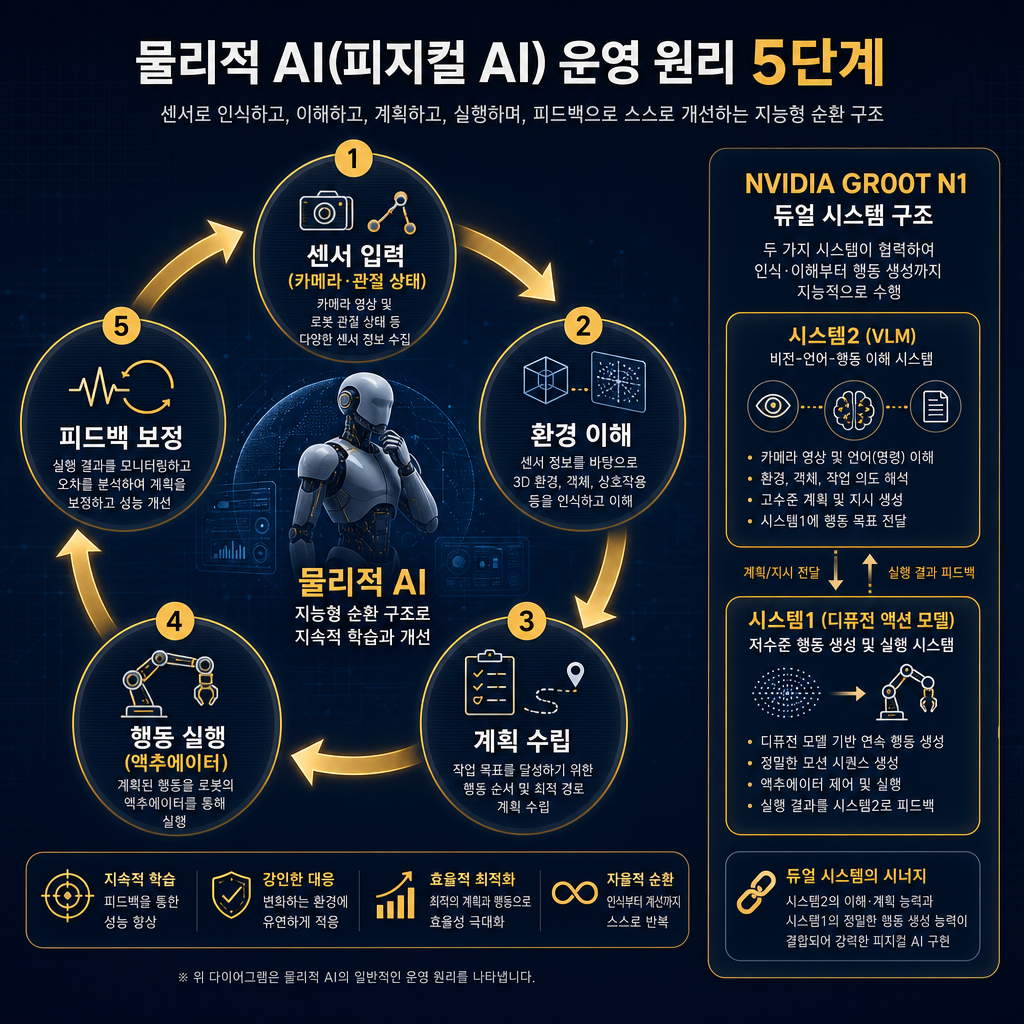 피지컬 AI 작동 원리 5단계 다이어그램. 센서 입력(카메라·관절 상태) → 환경 이해 → 계획 수립 → 행동 실행(액추에이터) → 피드백 보정 순환 화살표. 우측에 엔비디아 GR00T N1의 시스템2(VLM)와 시스템1(디퓨전 액션 모델) 이중 구조를 작은 보조 박스로 설명. 모든 라벨·주석 한글, 기술 다이어그램 스타일.