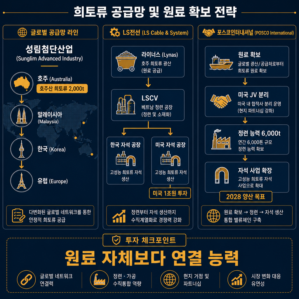 채굴·원료 확보 단계 인포그래픽. 좌측에 호주→말레이시아→한국→유럽 흐름으로 성림첨단산업 공급망 라인 표시, ‘호주산 희토류 2,000t’ 라벨. 중앙에 LS전선 흐름도: 라이너스(호주) → LSCV(베트남 정련) → 한국·미국 자석 공장, ‘미국 1조원 투자’ 라벨. 우측에 포스코인터내셔널: 원료 조달 → 미국 JV 분리정제 6,000톤 → 자석 확장, ‘2028 양산 목표’ 표기. 하단에는 ‘원료 자체보다 연결 능력’이라는 투자 체크포인트 박스. 모든 텍스트 한글, 전문 공급망 다이어그램, navy + amber.