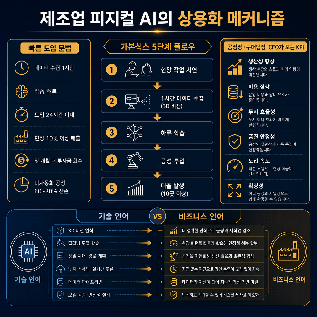 제조 피지컬AI의 상용화 메커니즘 차트. 상단에 ‘공정 투입 전/후’ 비교표: 생산성, 인건비, 투자회수기간, 도입시간. 중앙에는 카본식스 사례 플로우 ‘현장 작업 시연 → 1시간 데이터 수집 → 하루 학습 → 공정 투입 → 매출 발생(10곳 이상)’ 단계 표시. 우측에는 ‘공장장/구매팀장/CFO가 보는 KPI’ 박스. 하단에 ‘기술 언어 vs 비즈니스 언어’ 대비 도식. 모든 텍스트 한글.