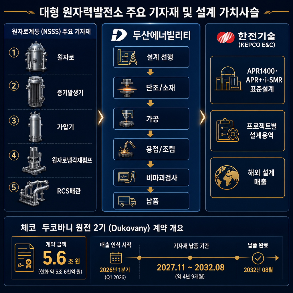 '대형 원전 주기기·설계 밸류체인' 다이어그램. 좌측에 원자로 계통(NSSS) 구성요소를 한글로 배치: 원자로, 증기발생기, 가압기, 원자로냉각재펌프, RCS배관. 가운데에 두산에너빌리티를 크게 배치하고 공정 흐름을 '설계 선행→단조/소재→가공→용접/조립→비파괴검사→납품'으로 화살표 표시. 우측에는 한전기술을 배치하고 'APR1400·APR+·i-SMR 표준설계 / 프로젝트별 설계용역 / 해외 설계 매출' 3개 박스로 정리. 하단 타임라인은 체코 두코바니 5.6조원 계약, 2027.11~2032.08 납기, 2026년 1분기 매출 인식 시작 표시. 모든 텍스트 한글.