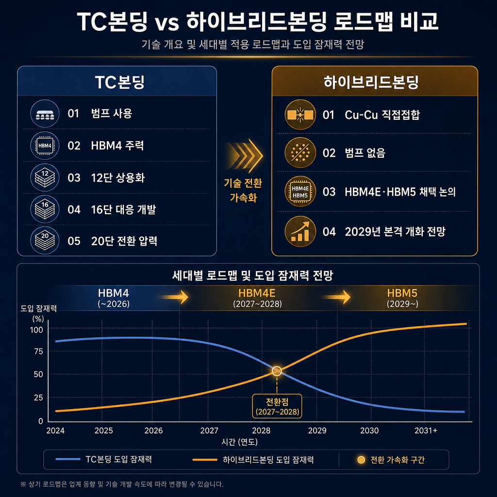 TC본딩과 하이브리드본딩 로드맵 비교 인포그래픽. 좌측 표에는 'TC본딩: 범프 사용, HBM4 주력, 12단 상용화, 16단 대응 개발, 20단 전환 압력' 정리. 우측 표에는 '하이브리드본딩: Cu-Cu 직접접합, 범프 없음, HBM4E·HBM5 채택 논의, 2029년 본격 개화 전망' 정리. 하단에 세대별 타임라인 HBM4→HBM4E→HBM5와 채택 가능성 곡선 표시. 모든 축·범례 한글. navy 배경, 전환 구간은 amber로 강조.