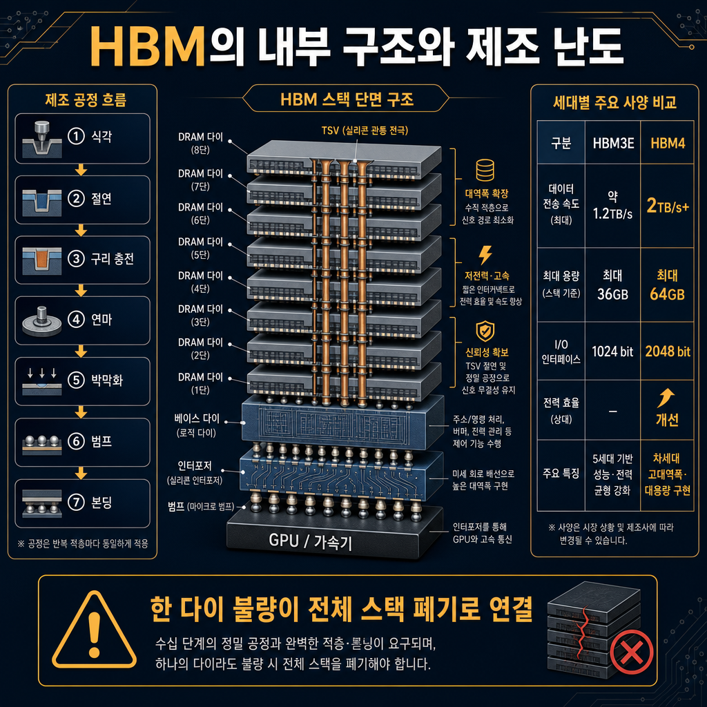 본문 기술 다이어그램. 제목 HBM의 내부 구조와 제조 난도. 중앙에 HBM 적층 단면도: 여러 DRAM 다이, TSV 수직 연결, 베이스 다이, 인터포저, GPU 배치. 좌측에는 제조 순서 플로우 식각 → 절연 → 구리 충전 → 연마 → 박막화 → 범프 → 본딩. 우측에는 세대 비교 표 HBM3E 약 1.2TB/s·최대 36GB, HBM4 2TB/s+·최대 64GB. 하단에 한 다이 불량이 전체 스택 폐기로 연결 경고 박스. 모든 텍스트 한글.